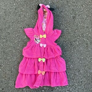 Y2K Disney Store Minnie Mouse Terry Cloth Pink Bow Ruffled Hooded Swim Coverup
